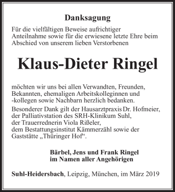 Traueranzeige von Klaus-Dieter Ringel von Südthüringer Presse