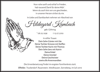 Traueranzeige von Hildegard Kambach von Südthüringer Presse