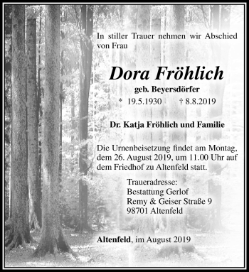 Traueranzeige von Dora Fröhlich von Südthüringer Presse