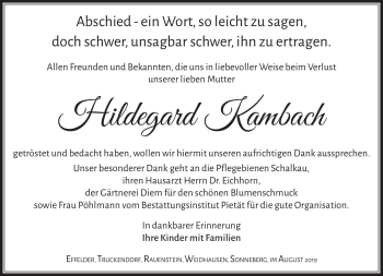 Traueranzeige von Hildegard Kambach von Südthüringer Presse