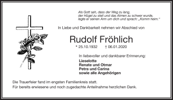 Traueranzeige von Rudolf Fröhlich von Frankenpost