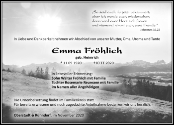 Traueranzeige von Emma Fröhlich von Südthüringer Presse