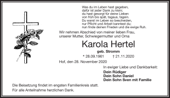 Traueranzeige von Karola Hertel von Frankenpost