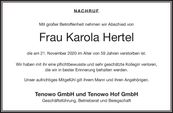 Traueranzeige von Karola Hertel von Frankenpost