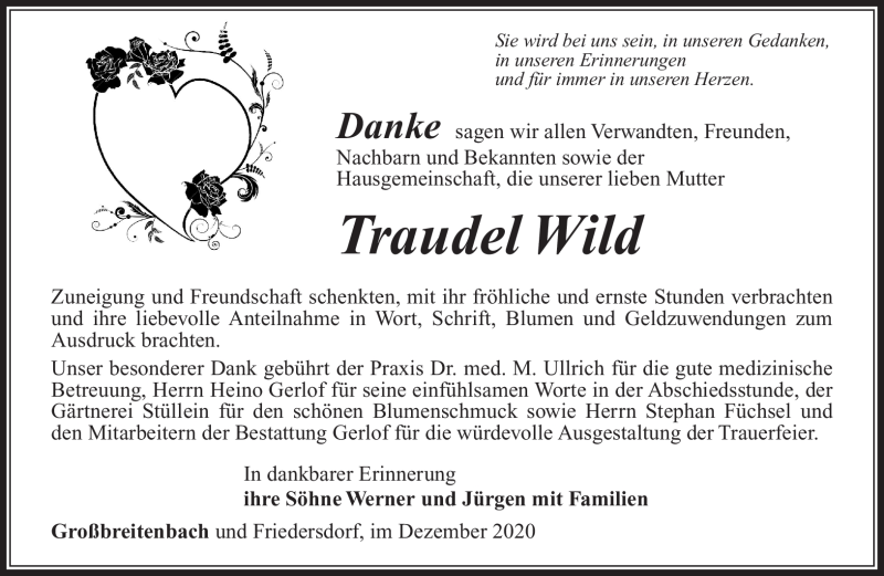 Traueranzeigen Von Traudel Wild Franken Gedenkt De