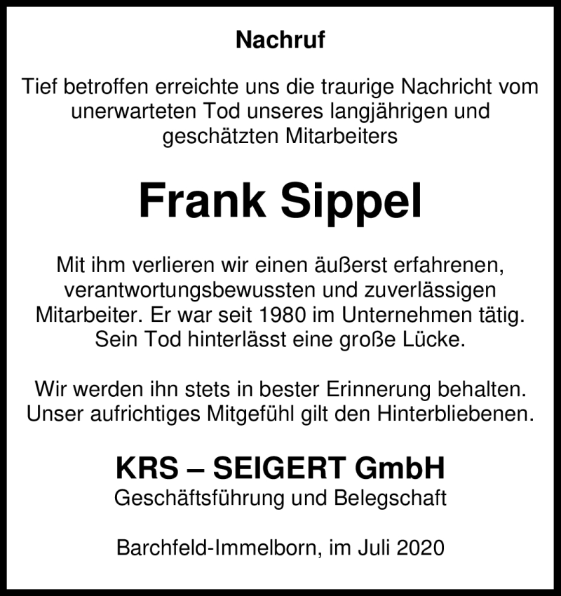 Traueranzeigen Von Frank Sippel Franken Gedenkt De