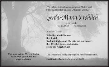 Traueranzeige von Gerda-Maria Fröhlich von Südthüringer Presse