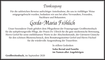 Traueranzeige von Gerda-Maria Fröhlich von Südthüringer Presse