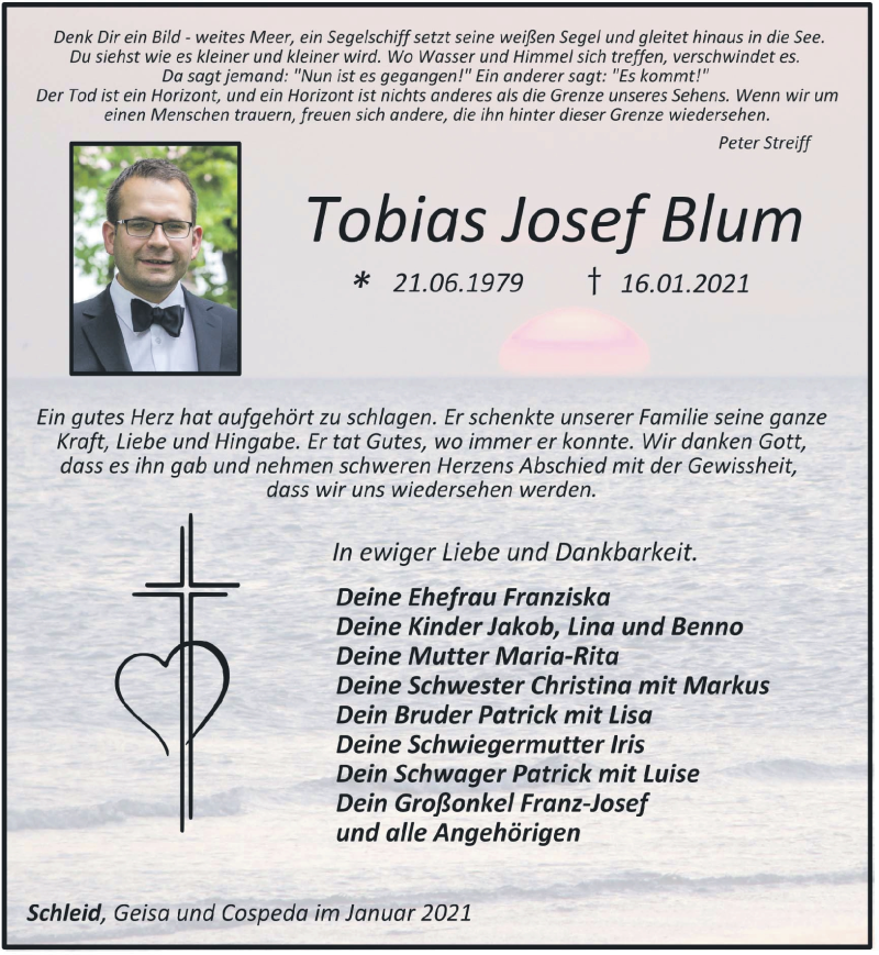  Traueranzeige für Tobias Blum vom 19.01.2021 aus Südthüringer Presse