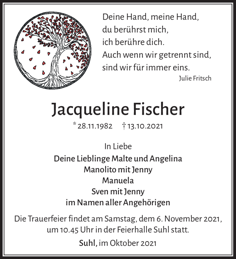  Traueranzeige für Jacqueline Fischer vom 23.10.2021 aus Südthüringer Presse