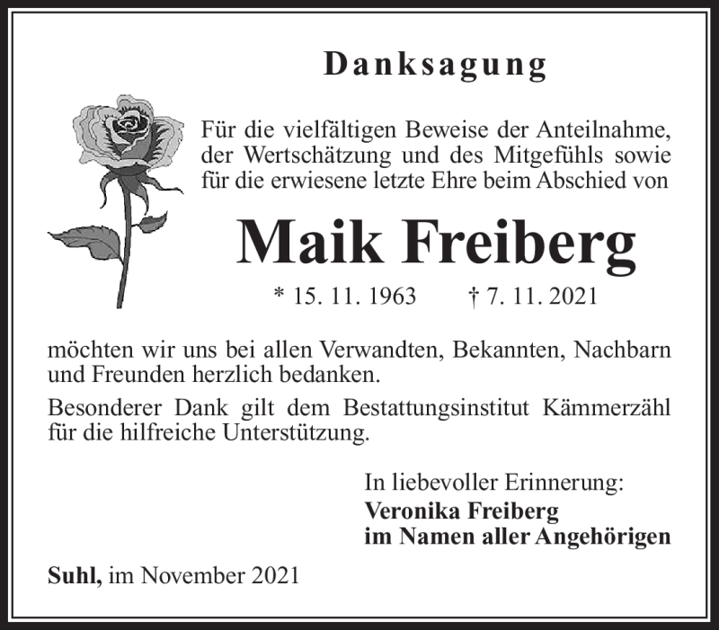  Traueranzeige für Maik Freiberg vom 27.11.2021 aus Südthüringer Presse