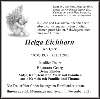 Traueranzeige von Helga Eichhorn von Südthüringer Presse