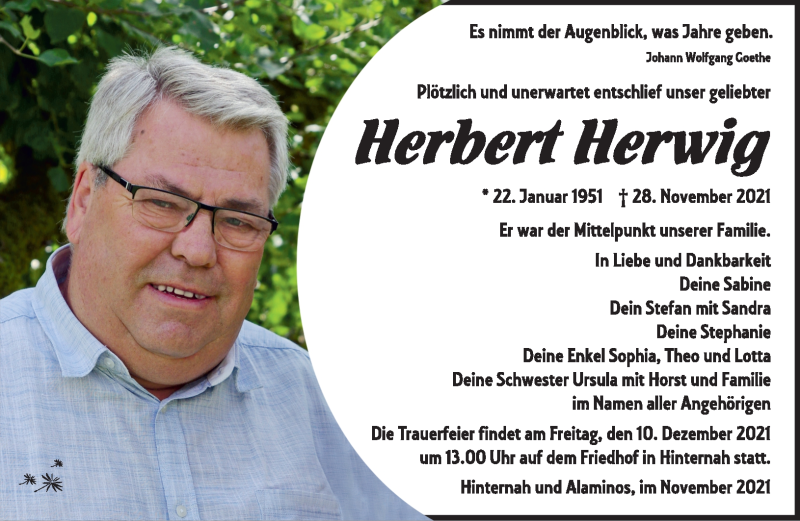 Traueranzeigen von Herbert Herwig | franken-gedenkt.de