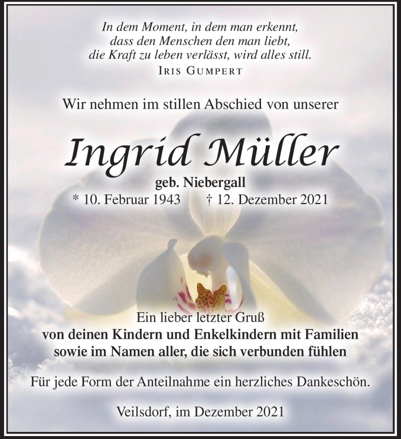  Traueranzeige für Ingrid Müller vom 24.12.2021 aus Südthüringer Presse