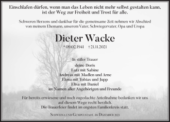 Traueranzeige von Dieter Wacke von Südthüringer Presse