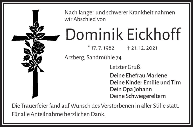  Traueranzeige für Dominik Eickhoff vom 31.12.2021 aus Frankenpost