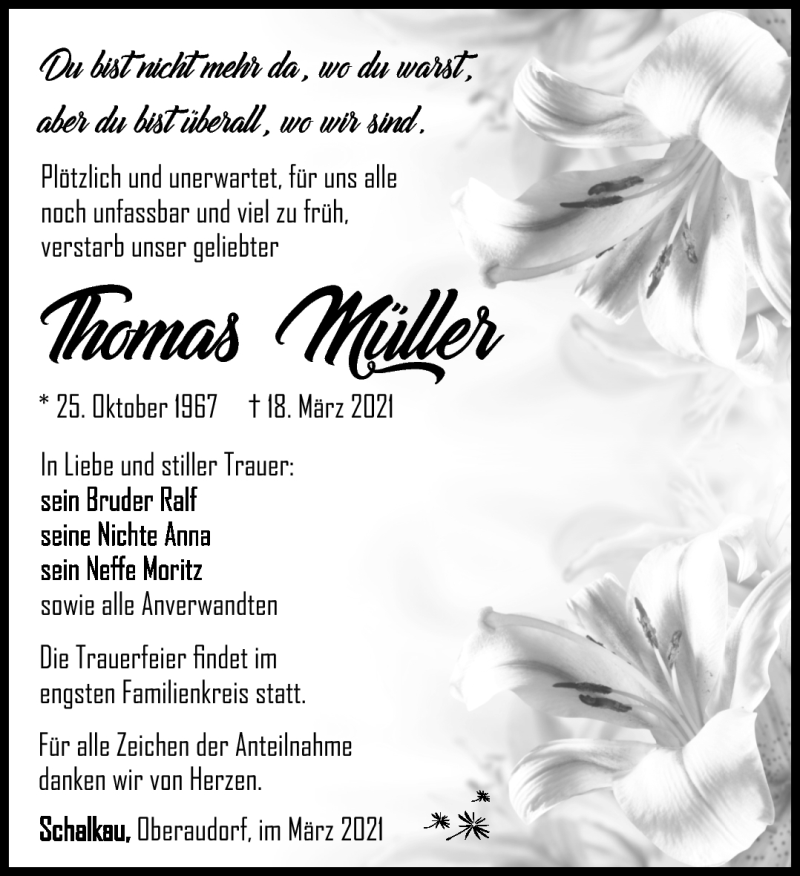 Traueranzeigen von Thomas Müller | franken-gedenkt.de