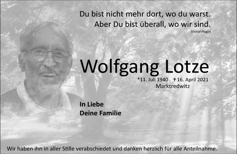  Traueranzeige für Wolfgang Lotze vom 29.04.2021 aus Frankenpost