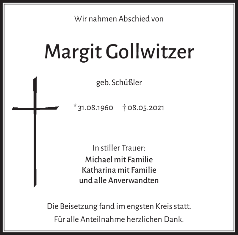  Traueranzeige für Margit Gollwitzer vom 15.05.2021 aus Frankenpost