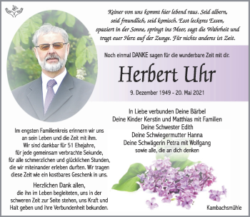 Traueranzeige von Herbert Uhr von Südthüringer Presse