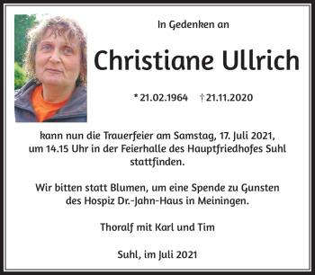 Traueranzeige von Christiane Ullrich von Südthüringer Presse