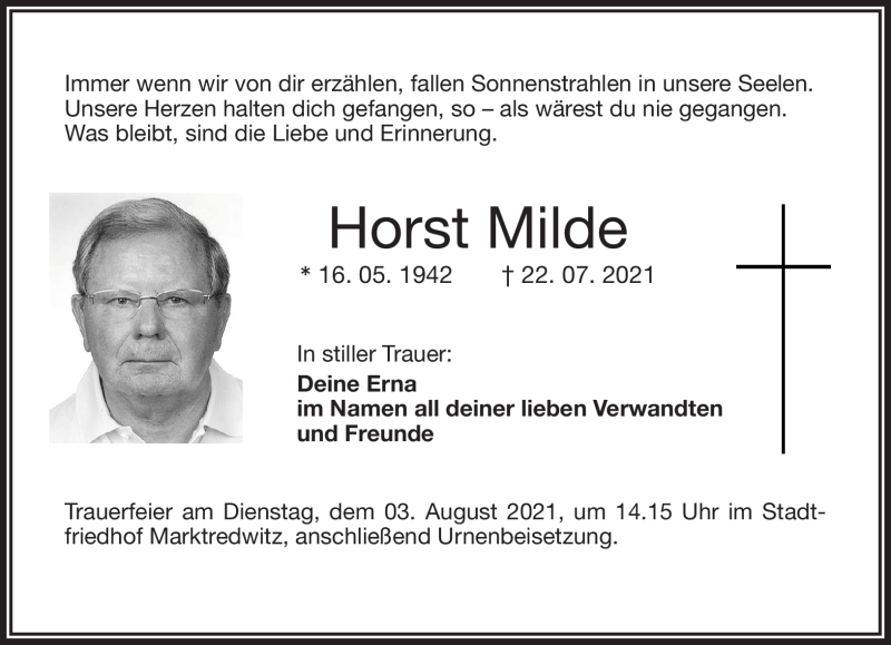  Traueranzeige für Horst Milde vom 31.07.2021 aus Frankenpost