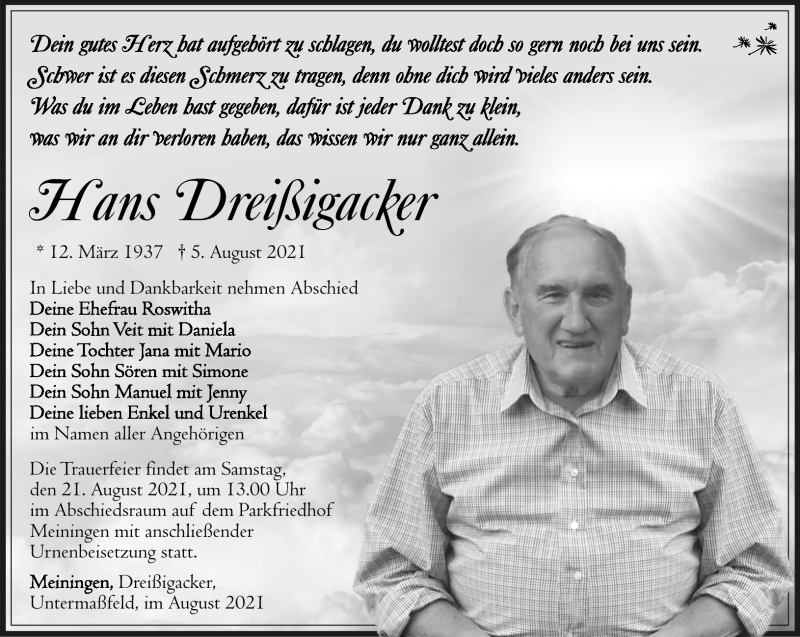 Traueranzeigen von Hans Dreißigacker franken gedenkt de