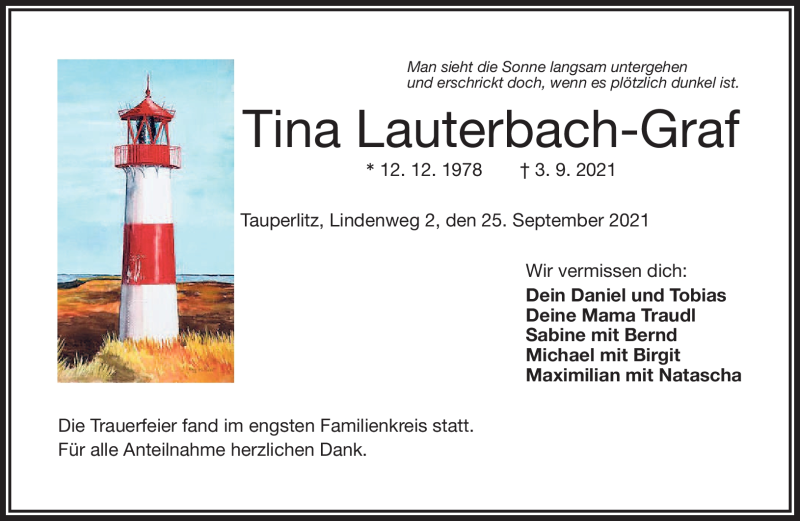  Traueranzeige für Tina Lauterbach-Graf vom 25.09.2021 aus Frankenpost