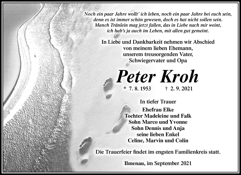  Traueranzeige für Peter Kroh vom 08.09.2021 aus Südthüringer Presse