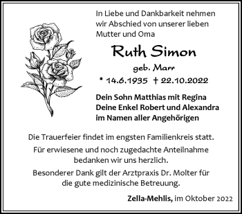 Traueranzeige von Ruth Simon von Südthüringer Presse