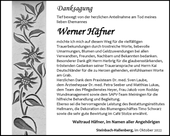 Traueranzeige von Werner Häfner von Südthüringer Presse