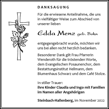 Traueranzeige von Edda Menz von Südthüringer Presse