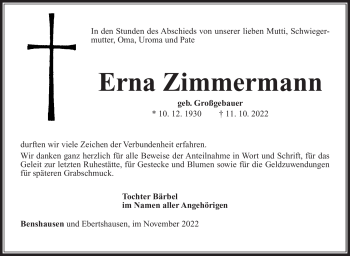 Traueranzeige von Erna Zimmermann von Südthüringer Presse