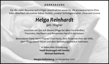 Traueranzeige von Helga Reinhardt von Südthüringer Presse