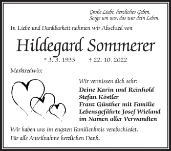 Traueranzeige von Hildegard Sommerer von Frankenpost