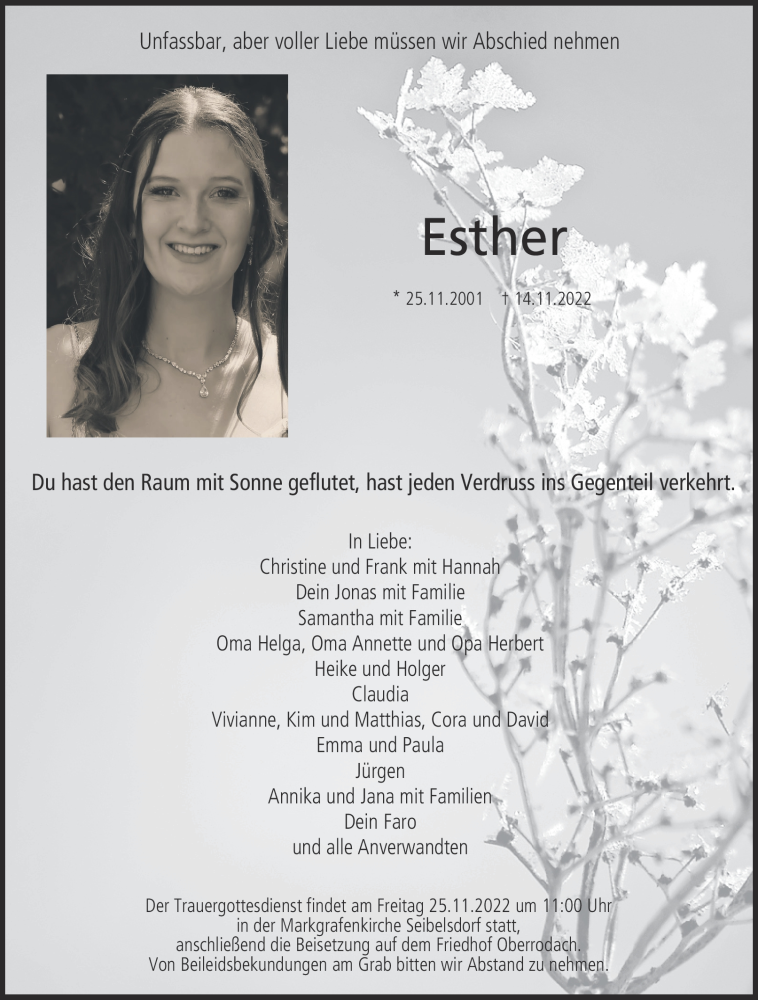  Traueranzeige für Esther Müller vom 22.11.2022 aus Neue Presse Coburg