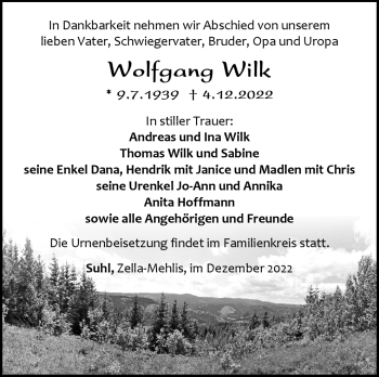 Traueranzeige von Wolfgang Wilk von Südthüringer Presse