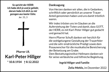 Traueranzeige von Karl-Peter Hillger von Südthüringer Presse