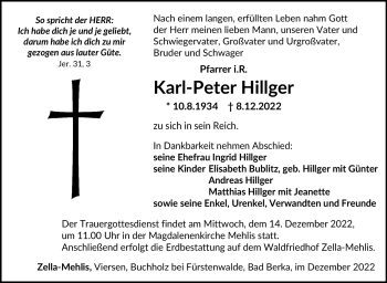 Traueranzeige von Karl-Peter Hillger von Südthüringer Presse