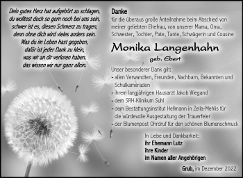 Traueranzeige von Monika Langenhahn von Südthüringer Presse