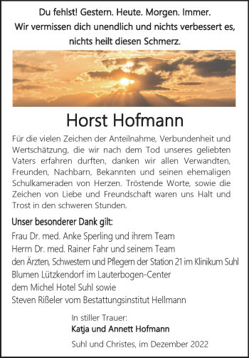 Traueranzeige von Horst Hoffmann von Südthüringer Presse