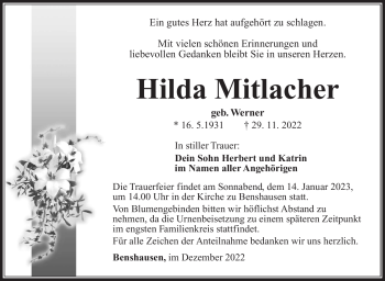 Traueranzeige von Hilda Mitlacher von Südthüringer Presse