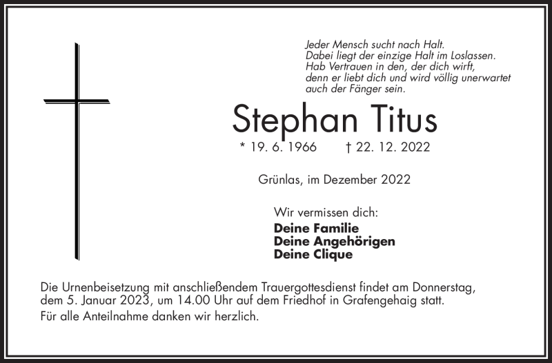  Traueranzeige für Stephan Titus vom 31.12.2022 aus Frankenpost