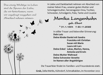 Traueranzeige von Monika Langhahn von Südthüringer Presse