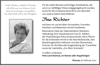 Traueranzeige von Ilse Richter von Südthüringer Presse