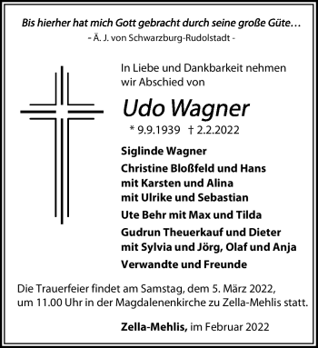 Traueranzeige von Udo Wagner von Südthüringer Presse