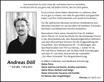 Traueranzeige von Andreas Döll von Südthüringer Presse