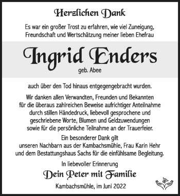 Traueranzeige von Ingrid Enders von Südthüringer Presse