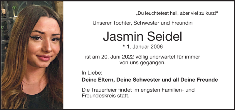  Traueranzeige für Jasmin Seidel vom 25.06.2022 aus Frankenpost