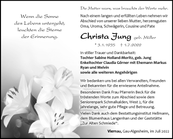 Traueranzeige von Christa Jung von Südthüringer Presse